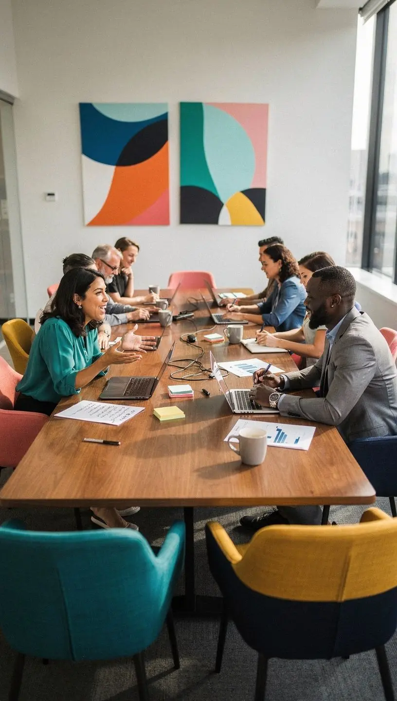 Elegancka sala konferencyjna z akcentami kolorystycznymi zgodnymi z identyfikacją wizualną firmy.